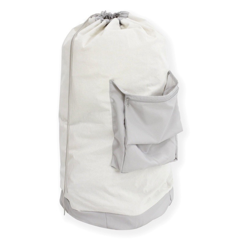 Durable Canvas Laundry Bag W/ Zippered Pocket Drawstring Closure & Carry Strap