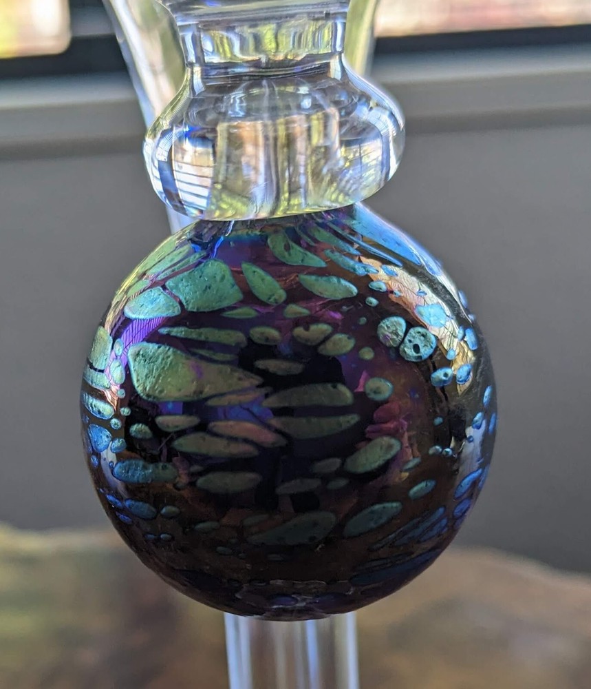 Handblown Clear Glass Candlestick With iridescent Orb 9.5"