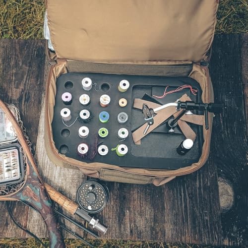 Fly Tying Kit with Multiple See-Through Pouches and Tying Tool Stations and