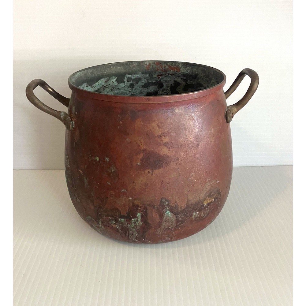 Vintage Copper Cauldron Double Brass Handle Pot Belly Primitive Tagus Kettle