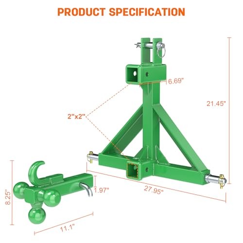 Green 3 Point Hitch Receiver with Dual 2” Receiver–Include Ball Adapter &