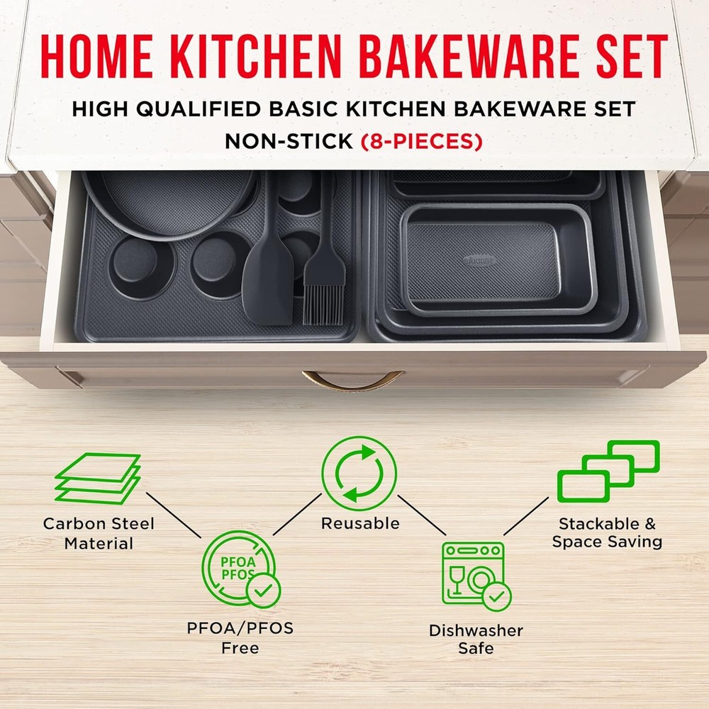 8-piece Bakeware Set – Non-stick, Professional, Multi-sized, Black.