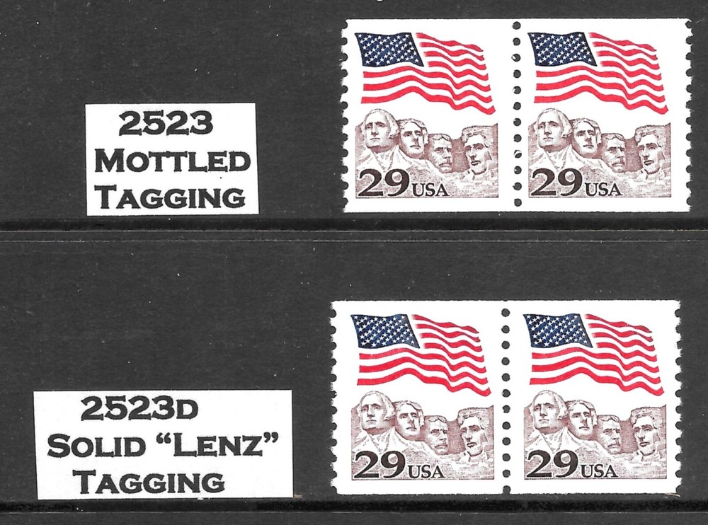 Pairs Scott #2523, 2523d Solid "Lenz" Tagging, 29c Flag over Rushmore, Mint, NH,
