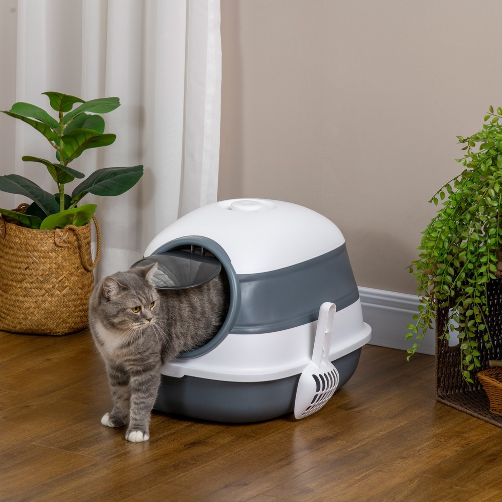 Dome Covered Cat Litter Box with Lid, White, and Gray