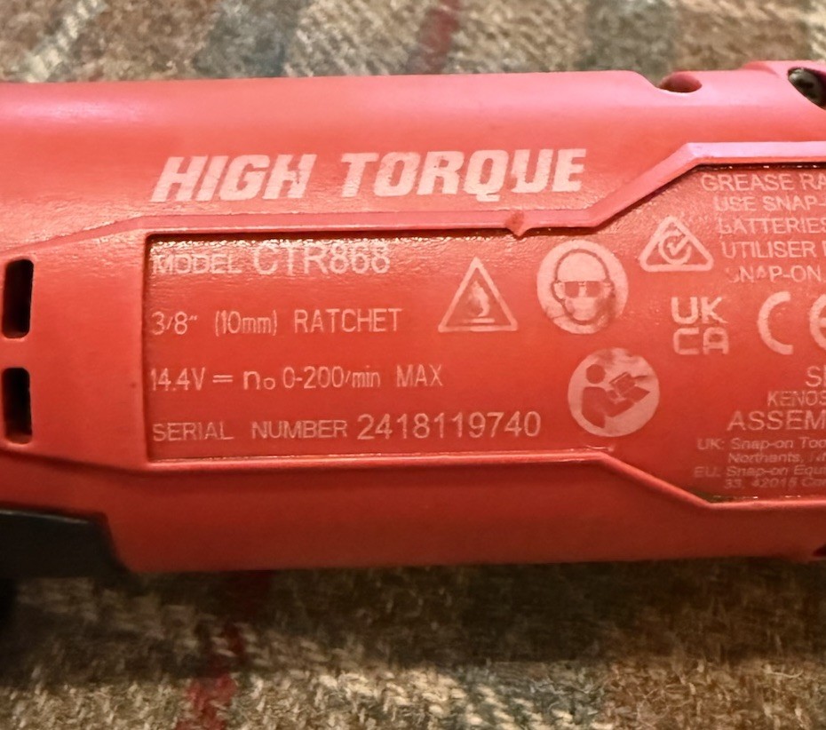 Snap On CTR868 High Torque 3/8” Cordless Ratchet w/ Boot (tool only)