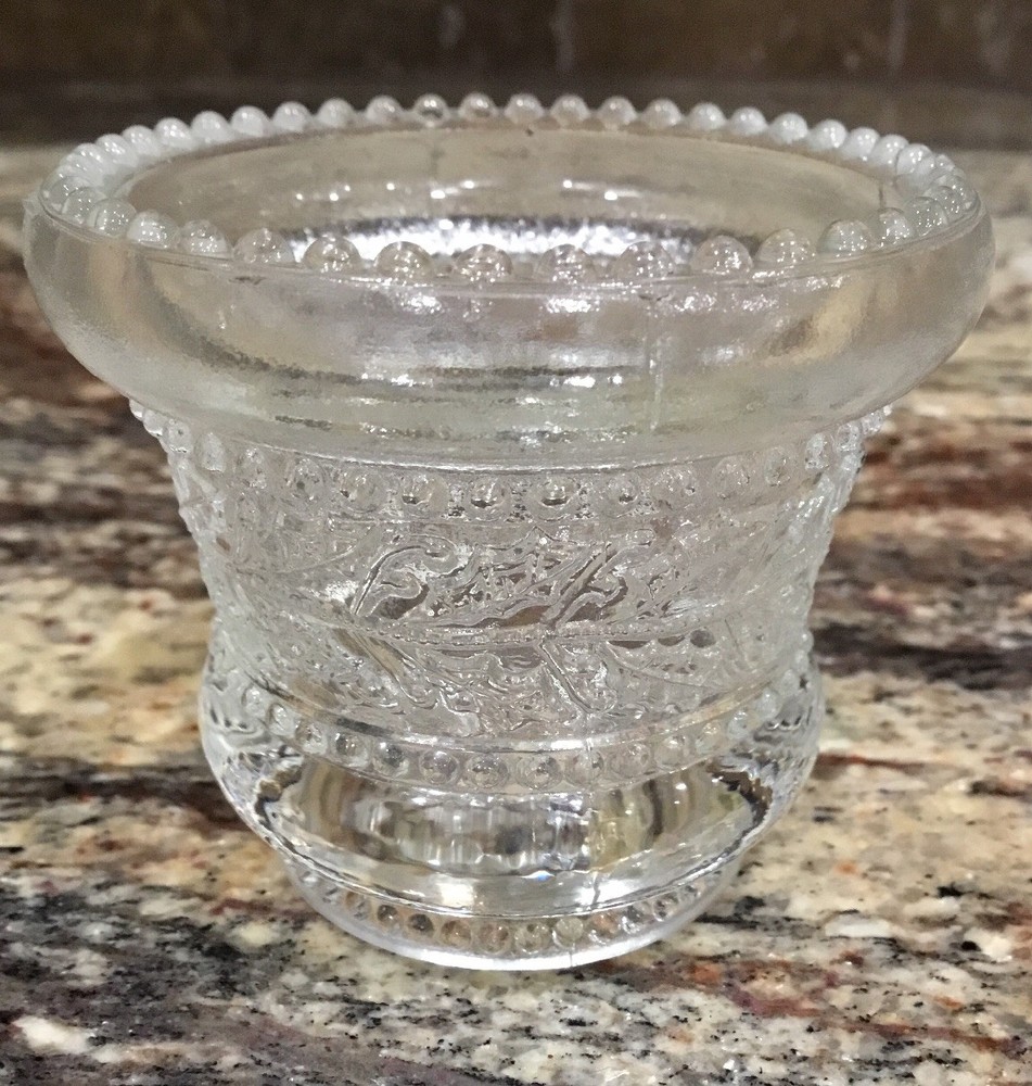 CLEAR GLASS LAUREL PATTERN AROUND MIDSECTION BEADED RIM TOOTHPICK MATCH HOLDER