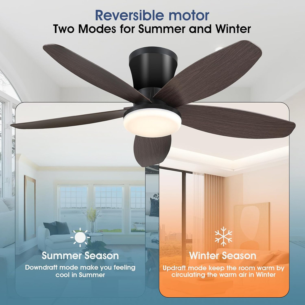 Modern 36" Ceiling Fan with Light & Remote - Low Profile, Dimmable, Brown