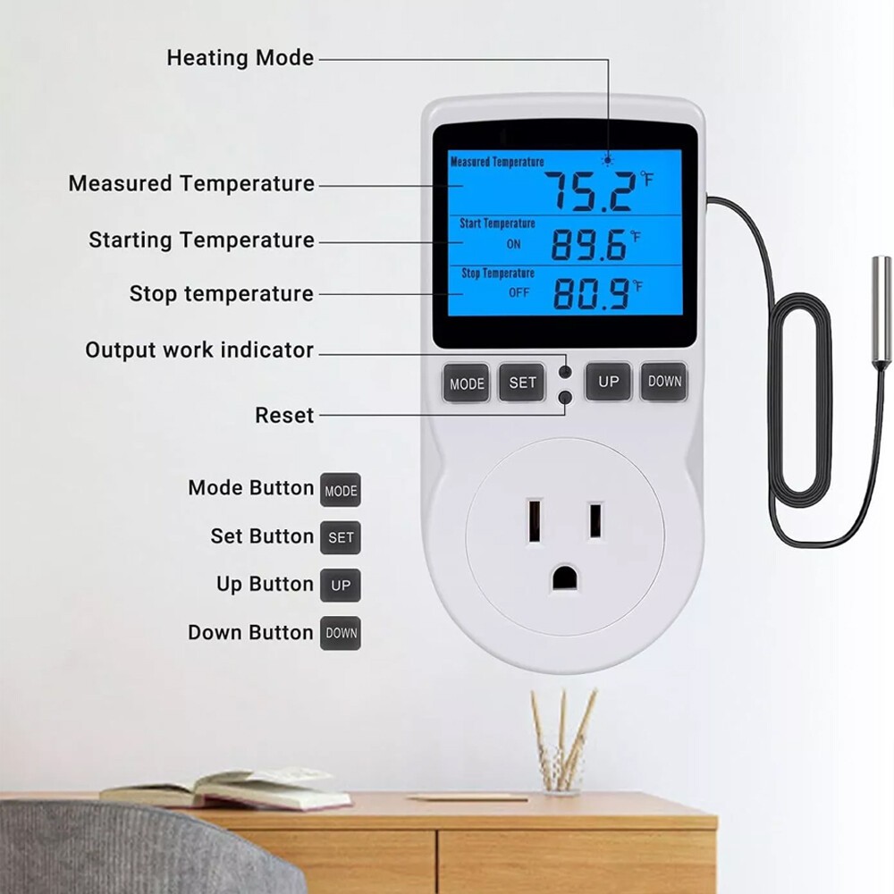 Digital Thermostat Outlet Plug Temperature Controller Heating Cooling w/ Probe7x