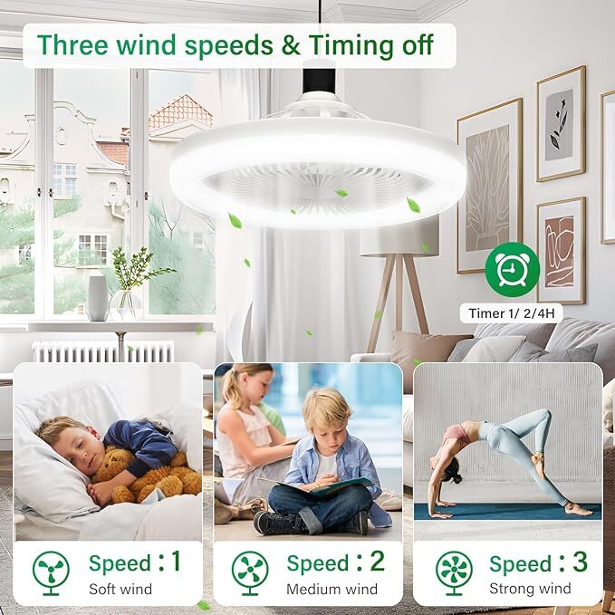 E27 Socket Light With Remote, Ceiling Fan Adjustable Smart LED Fan 3 Windshields