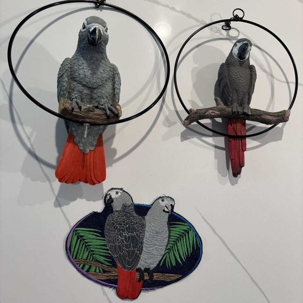 (2) Hanging Congo African Grey Parrot Perching On Branch & Embroidered Patch