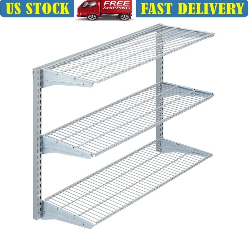 Heavy Duty 3 Tier Wire Shelf Adjustable Wall Mount Storage Organizer 375lb Grey