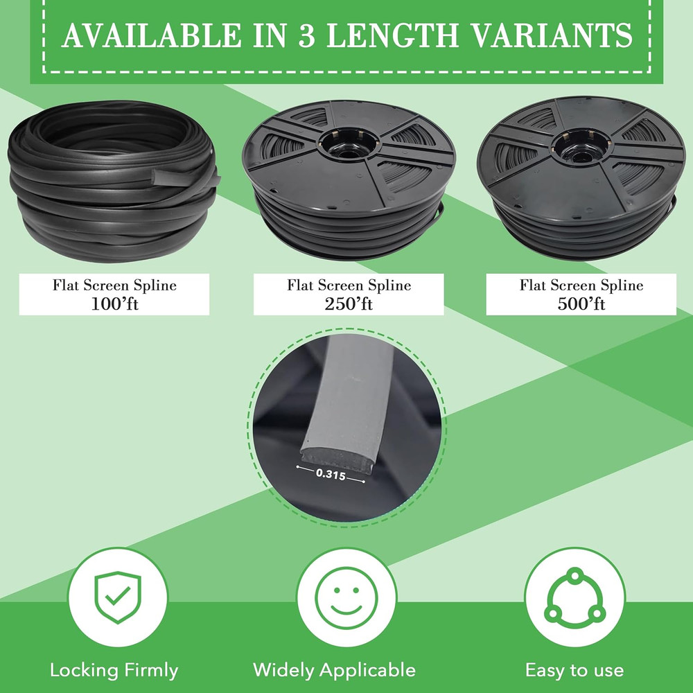 Flat Screen Spline 0.290 Width X 100Ft, Black in Color