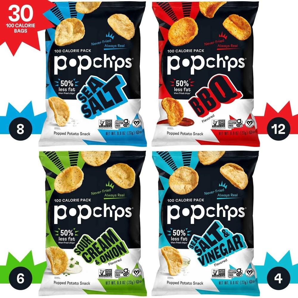 30 PACK Popchips Variety Box, 0.8 oz Bags.