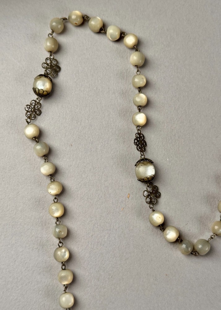 Antique MOP Balamuti Bead Rosary Filigree Silver Cross Crucifix Pendant Necklace