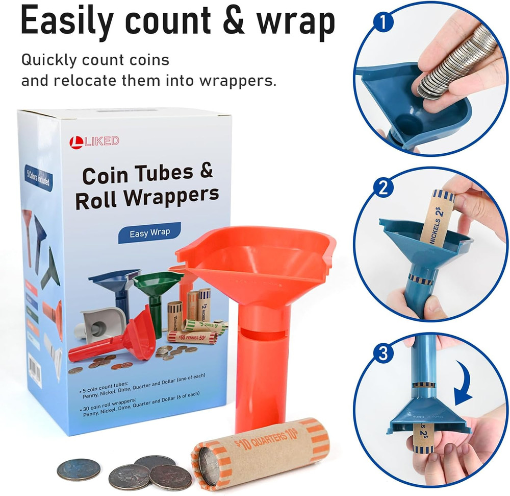 30 Assorted Flat Striped Coin Wrappers & 4 Sorters Tubes Counters Easy Load