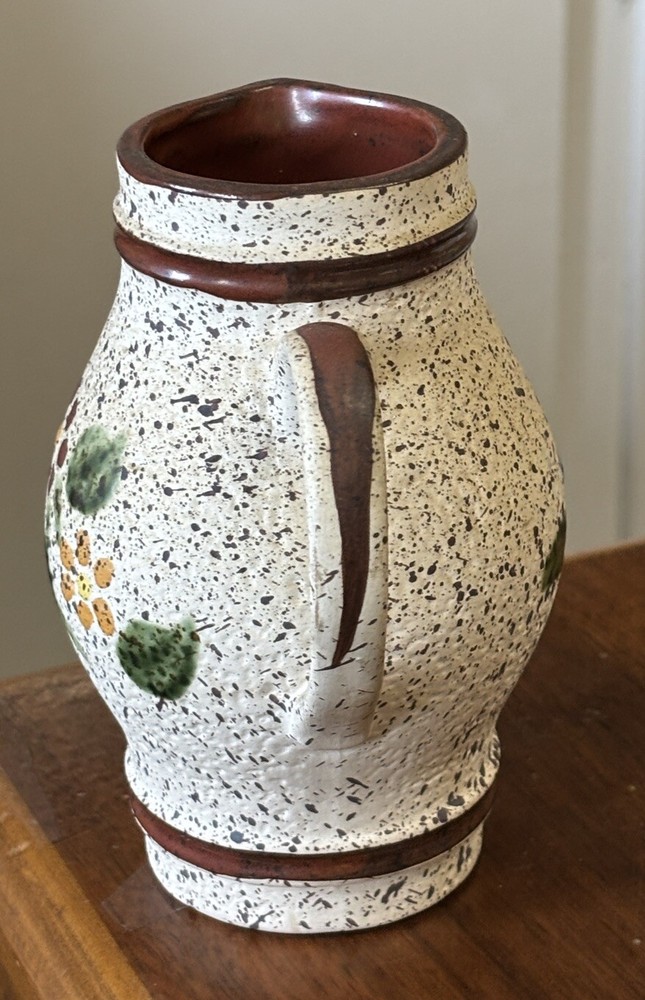 Stoneware Pottery Pitcher With Painted Flower Design