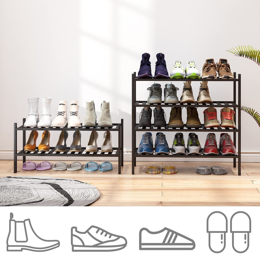 4Tier Black Bamboo Shoe Rack, Foldable Stackable FreeStanding for Entryway