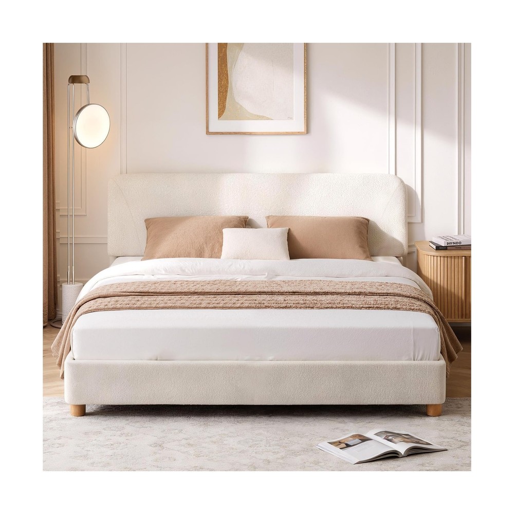 Queen Size Cloud Bed Frame, Soft Boucle Bed Frame with Adjustable Headboard, ...
