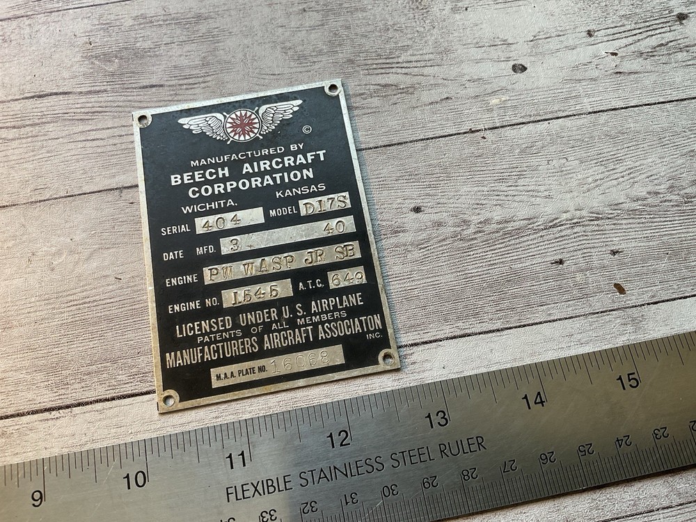 ORIGINAL WWII ERA 1940 BEECH STAGGERWING D17S AIRCRAFT DATA SPEC NAME PLATE
