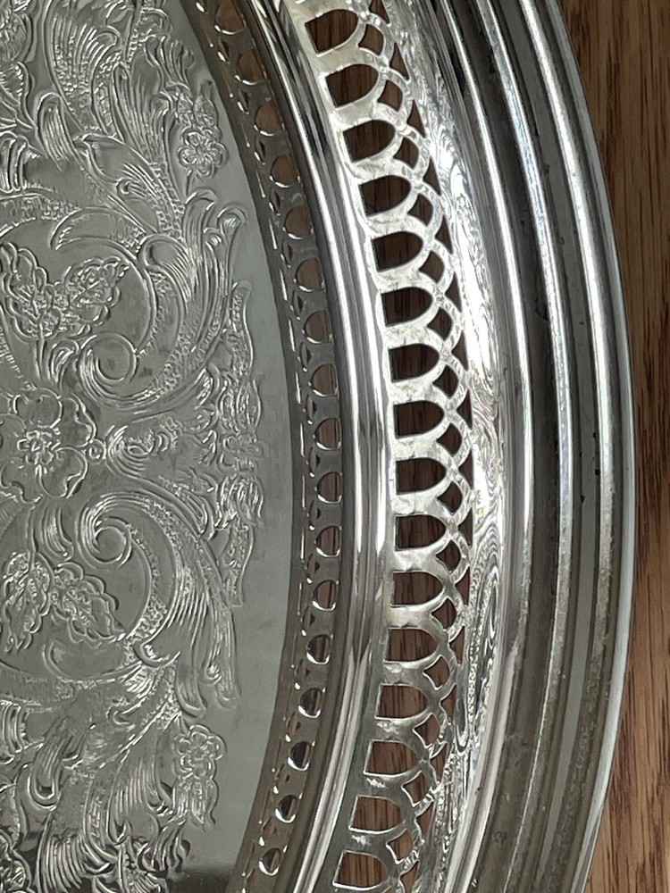 REED & BARTON SILVER PLATE 13” ROUND PIERCED GALLERY TRAY
