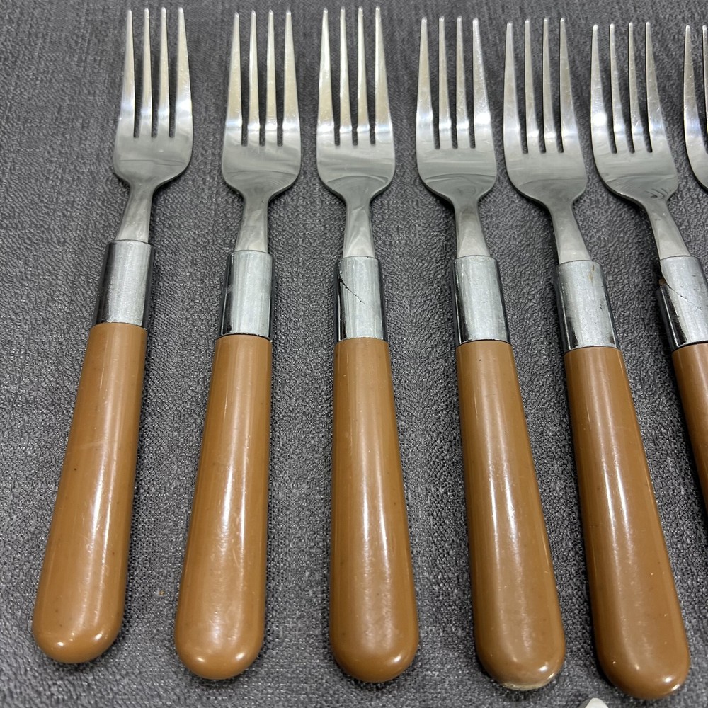 Vintage 20 Piece Butterscotch/Brown Plastic Handles Stainless Flatware