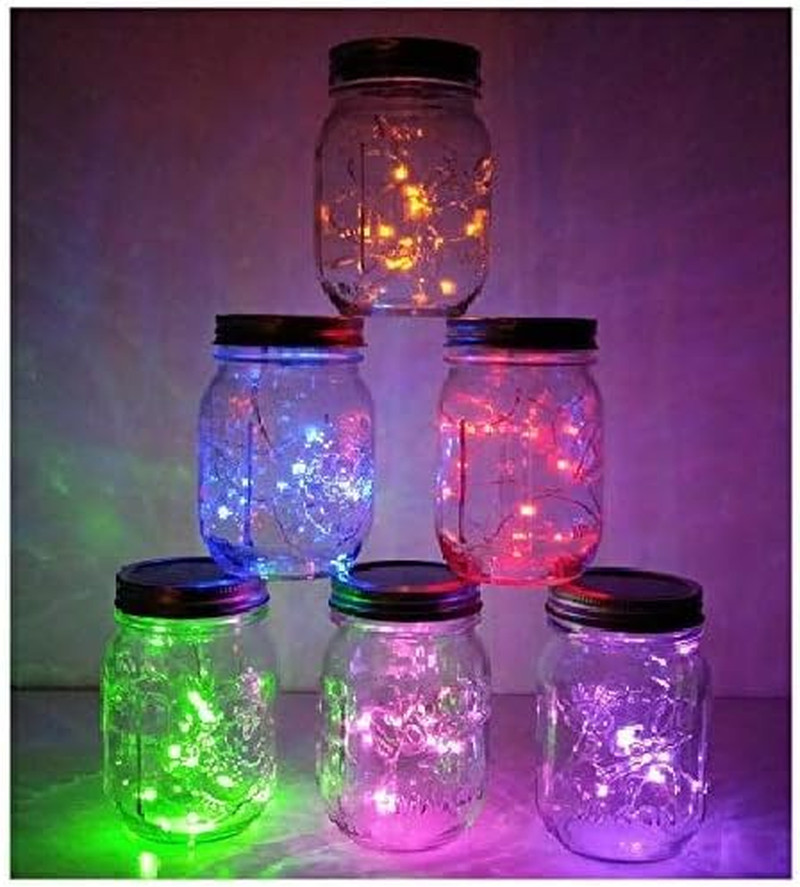 6 Pack Mason Jar Lights, 20 LED Solar Multi-Colored Fairy String Lights Lids ...