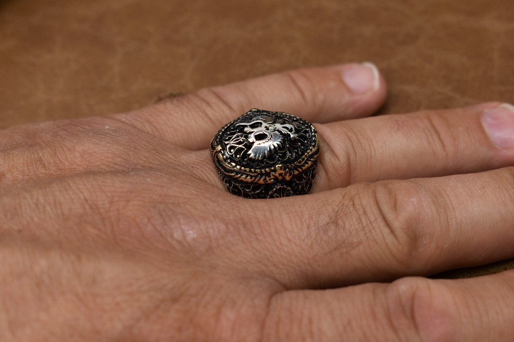 Handmade 925 Sterling Silver Men's Ring Double Eagle Pattern Size : 8 US MAN