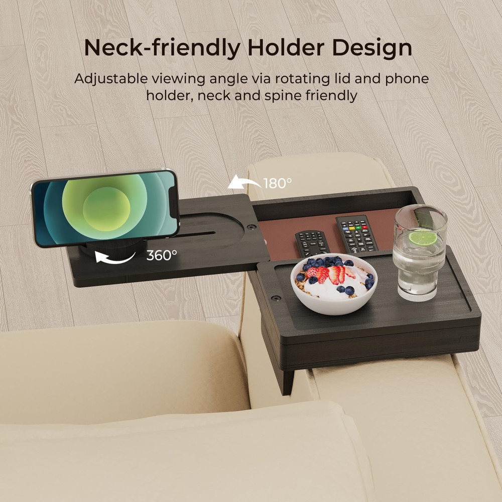 Wealone Black Couch Arm Tray with 2 Rotatable Tray, Adjustable Sofa Arm Clip Tab