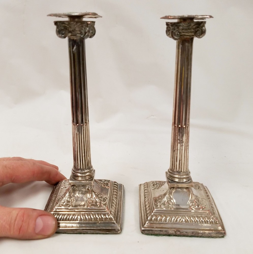 Pair Antique Sheffield Silver on Copper Neo-classical Taper Candlesticks