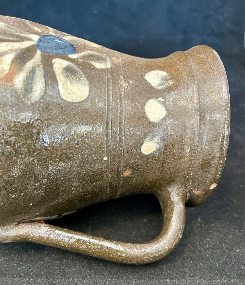 Fantastic Circa 1800’s Redware Milk Pitcher. Applied Handle Painted Florals.