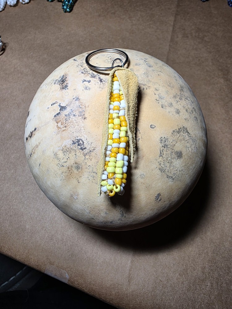 Handmade Yellow White Corn Beaded Keychain 2in