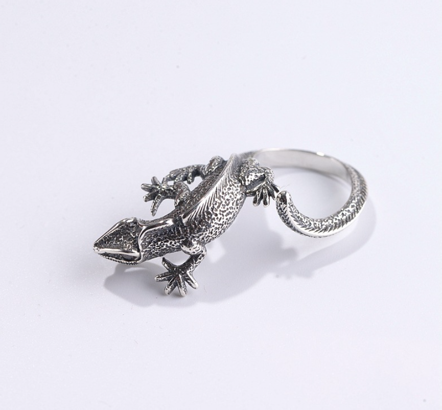 Antique Style Unisex Punk Silver Black Lizard Adjustable Band Ring
