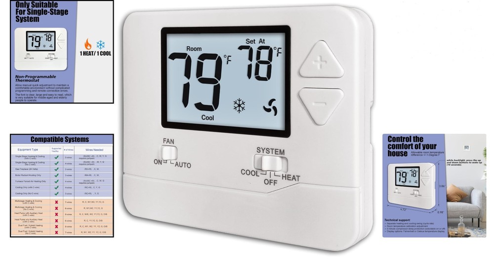 Elegant Non-Programmable Thermostat for 1 Heat/1 Cool Systems with Backlight
