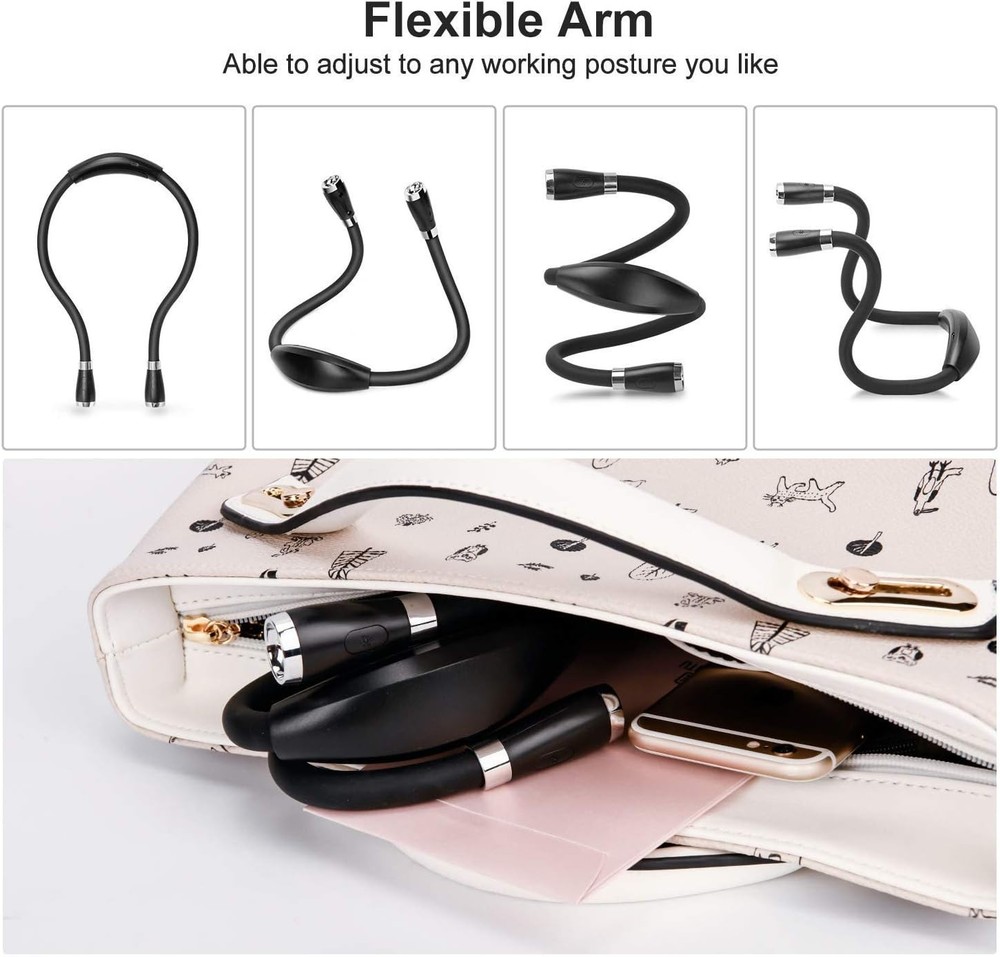 LED Neck Book Light USB Rechargeable, Hands Free, 4 Super Bright