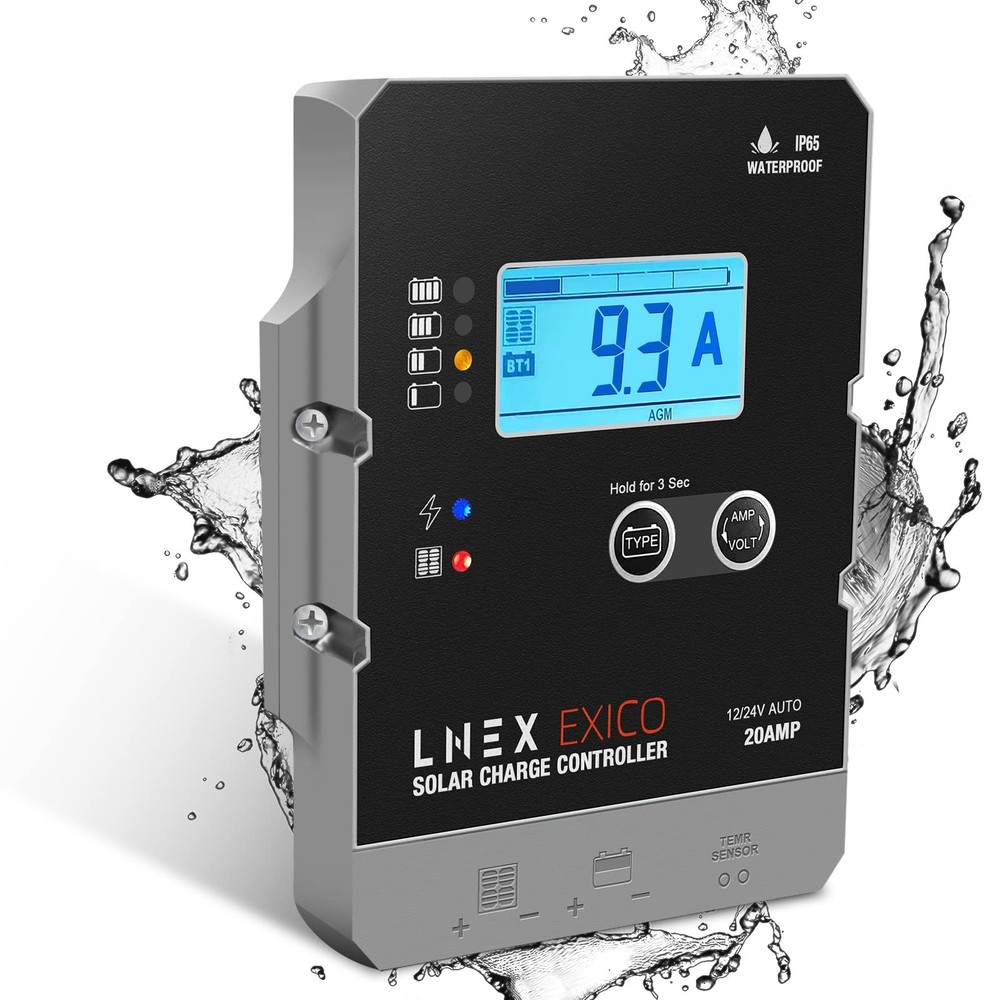 LNEX Solar Charge Controller Waterproof 20A Thin Panel Battery Regulator 12V 24V