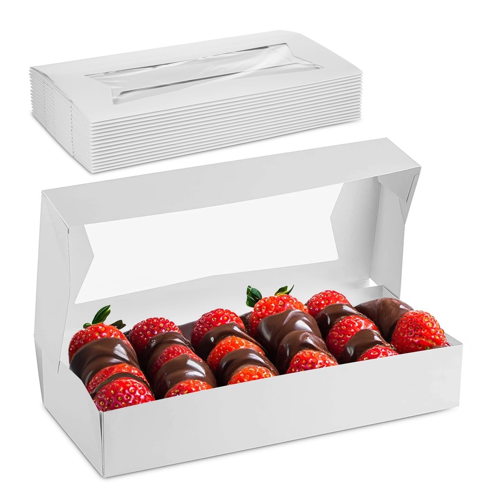 White Long Bakery Boxes - Chocolate Covered Strawberry Boxes Auto-Popup 12.5"...