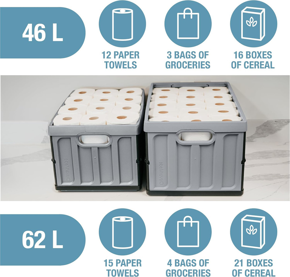 Collapsible Storage Bins with Lids (62L, 3 Pack) – Heavy Duty Foldable Plastic S
