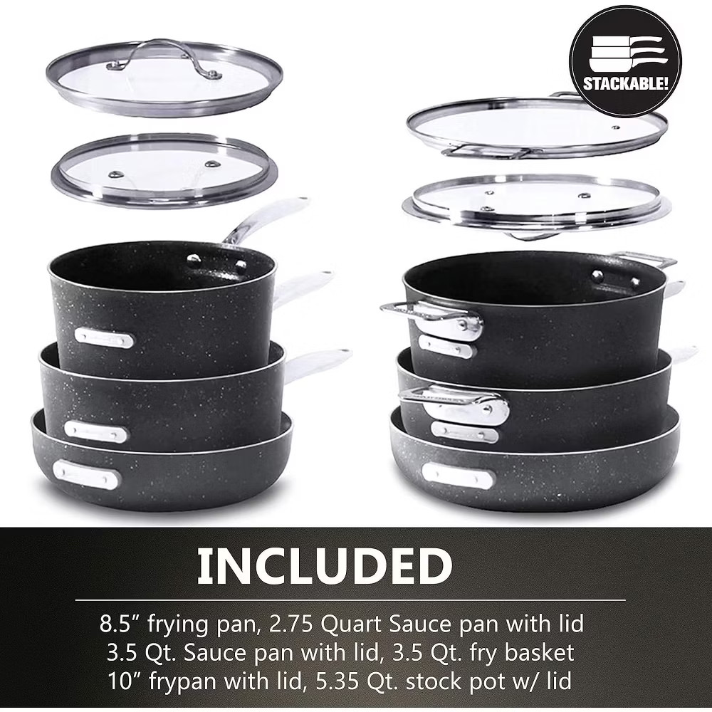 Granitestone Pots and Pans Set 10 Pc Stackable Space Saving Nonstick Cookware