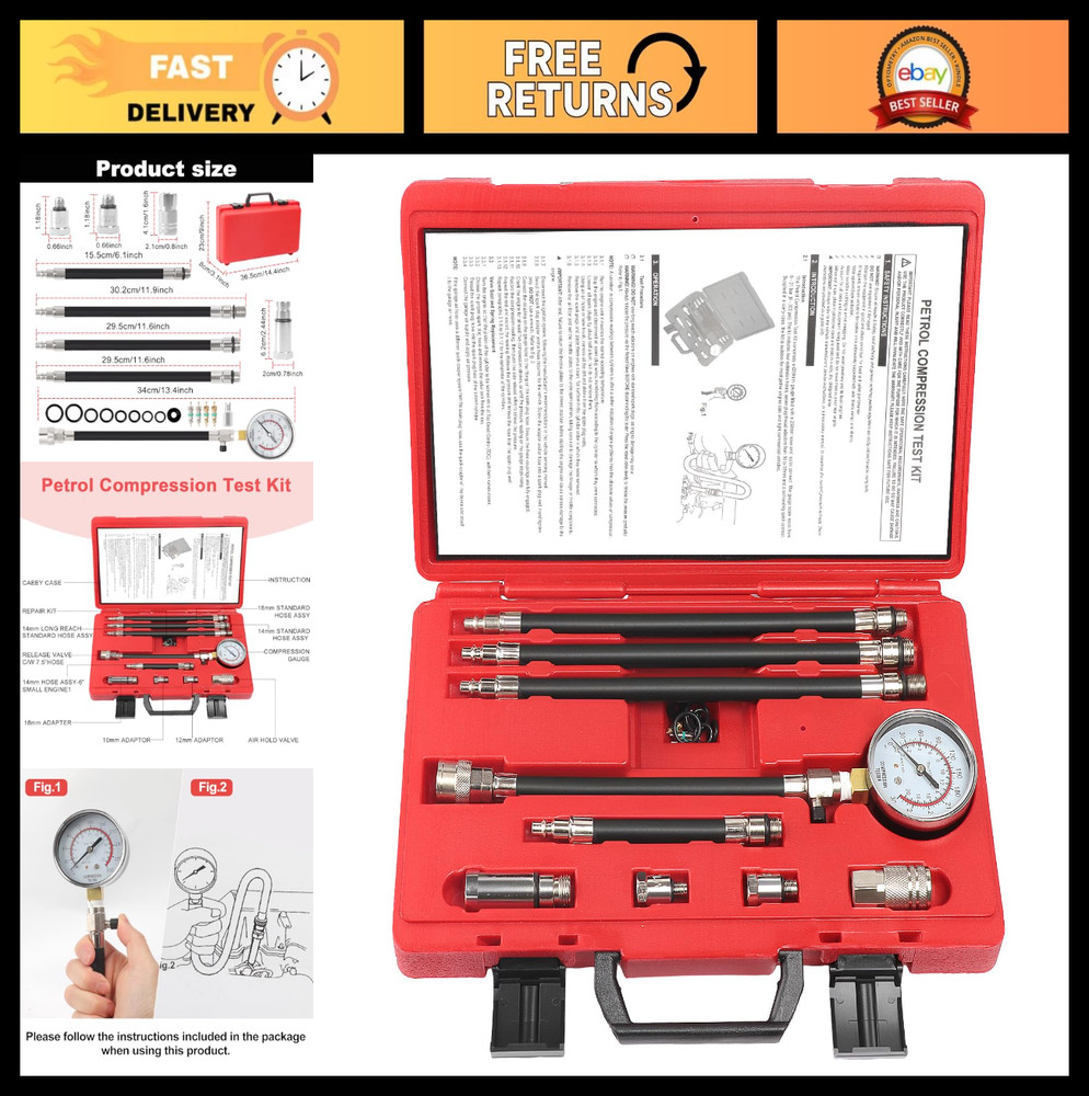 Engine Compression Test Kit - Petrol Compression Tester with 2-3/4" Gauge, 10 Pi