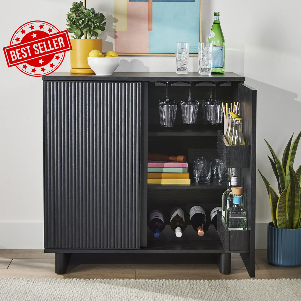 Lillian Fluted Bar Cabinet, Rich Black Finish
