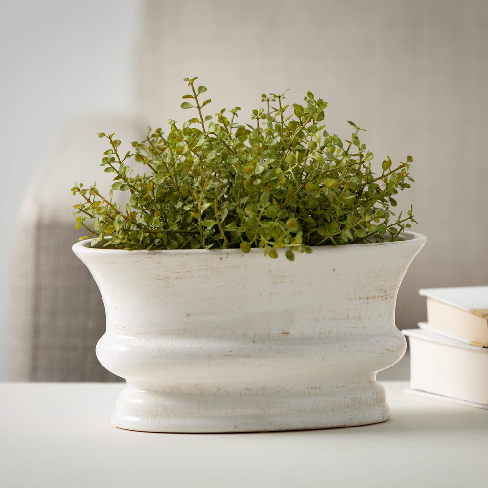 Oval Crackled "Gables" White Planter for Plants and Decor