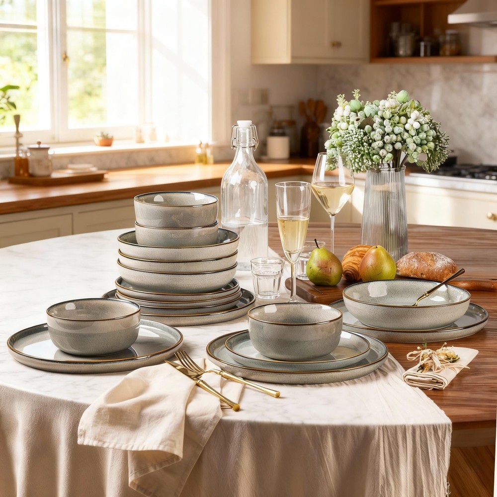 Ceramic Dinnerware Sets for 4, 12 Pieces Stoneware Plates and Bowls Sets, Rea...