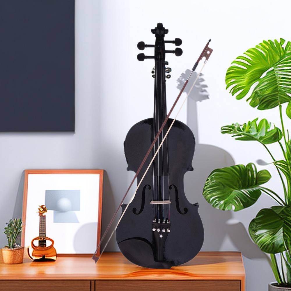 Black 4/4 Full Size Solid Wood Violin Set w/ EQ, Shoulder Rest, Electronic Tuner