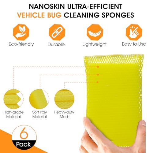 Ultra-Efficient Vehicle Bug Cleaning Sponges, 6-Pack - Durable, Soft, Multi