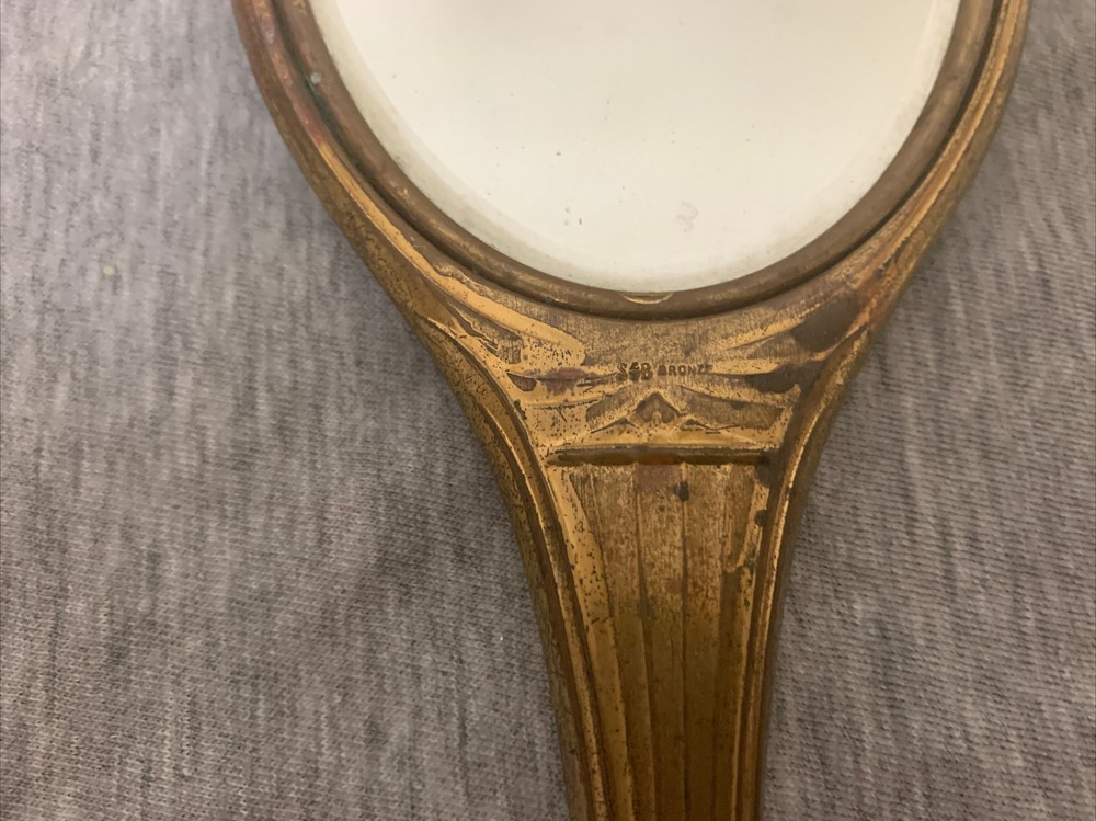 Antique S & B Bronze 12.5” Hand Mirror