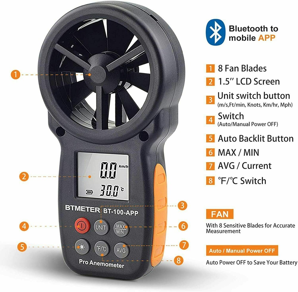 Bluetooth Anemometer Handheld Wireless Anemometer Wind Speed Meter 0.3~30m/s