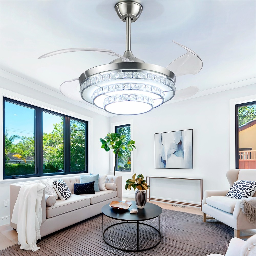 42 inches Silver 3-Ring Crystal Fan Ceiling Light
