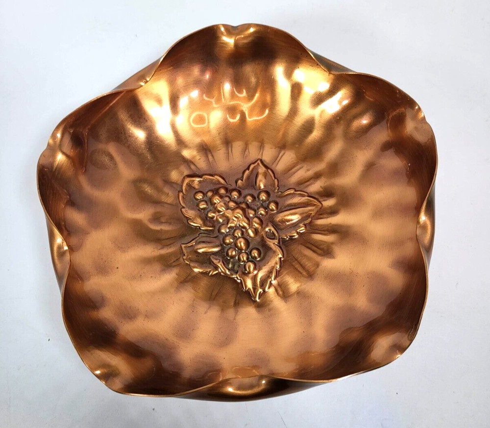 Solid Copper Dish Vintage Grape Design Candy Dish Made in USA Signed