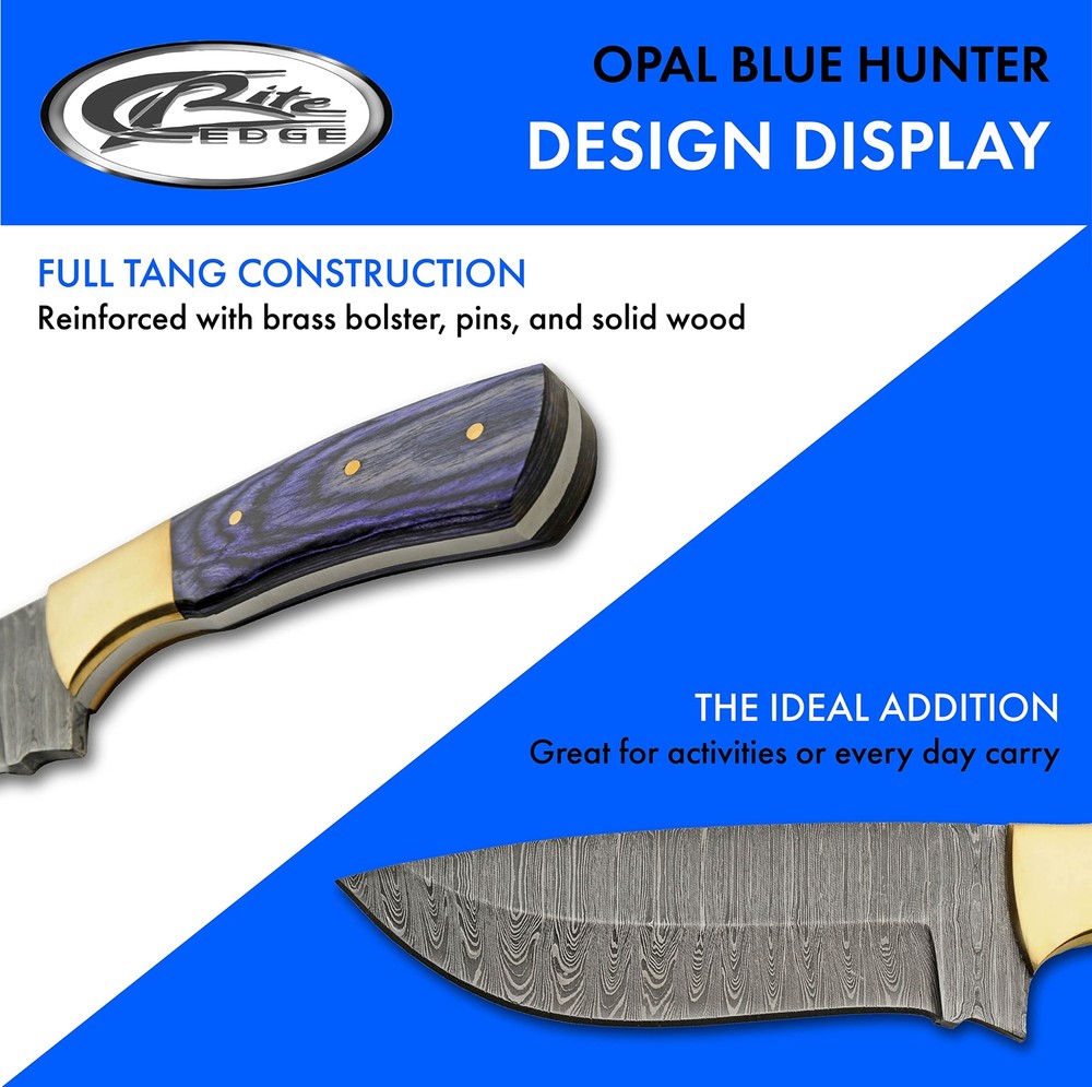 New Damascus Opal Blue Hunter Fixed Blade Knife DM-1312