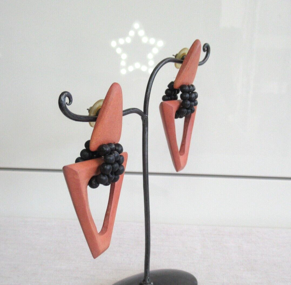 RUNWAY LARGE WOOD DOUBLE TRIANGLE DANGLE DROP PIERCED EARRINGS STATEMENT 3" H